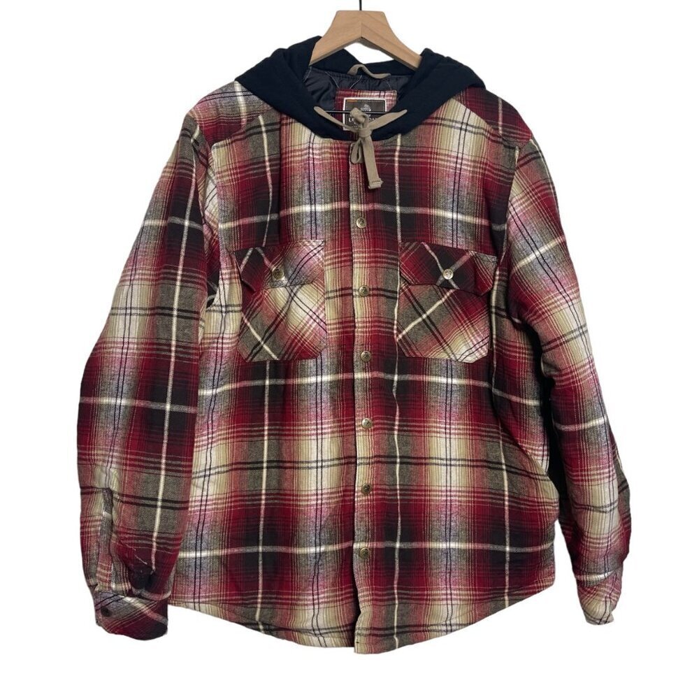 Legendary Outfitters Plaid Shacket Large Red/Brown Hooded Snap Front Drawstring